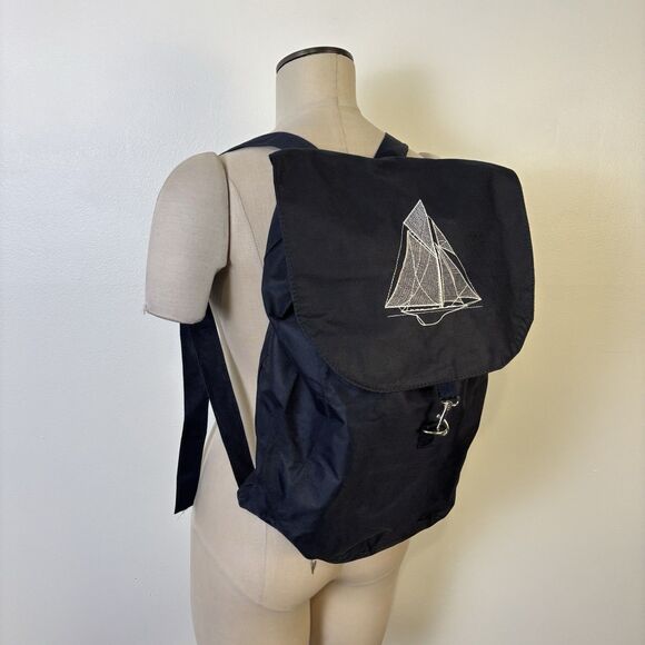 Navy Blue Drawstring Embroidered Sailboat Nautical Backpack Bag Unisex - Picture 1 of 13
